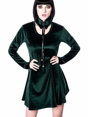 Killstar Emerald Green Velvet Pussybow Mini Dress Gothic Witchy Tie Neck Size L